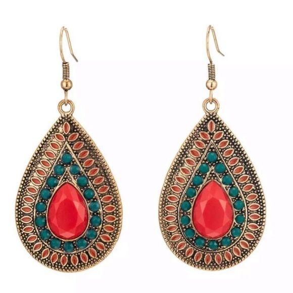 BOGO! Red-Orange & Green Boho Teardrop Earrings - Picture 1 of 5